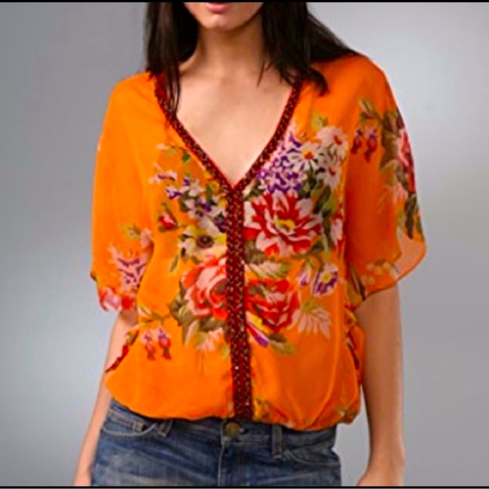 Free People Genius Sheer Beaded Floral Boho Top Size Small